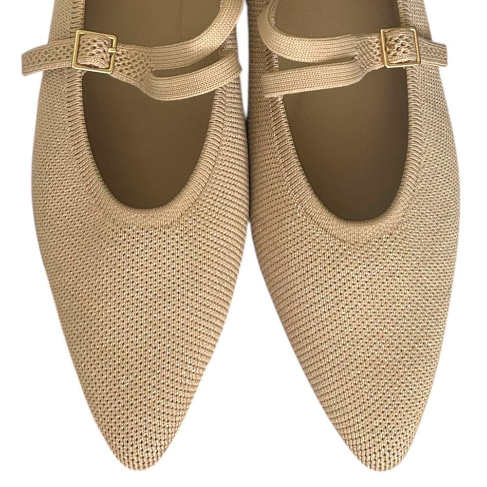 VIVAIA, 'Aria' Pointed-Toe V-Strap Mary-Jane Flats Gold Shimmer Beige Size 11 US - Picture 8 of 12
